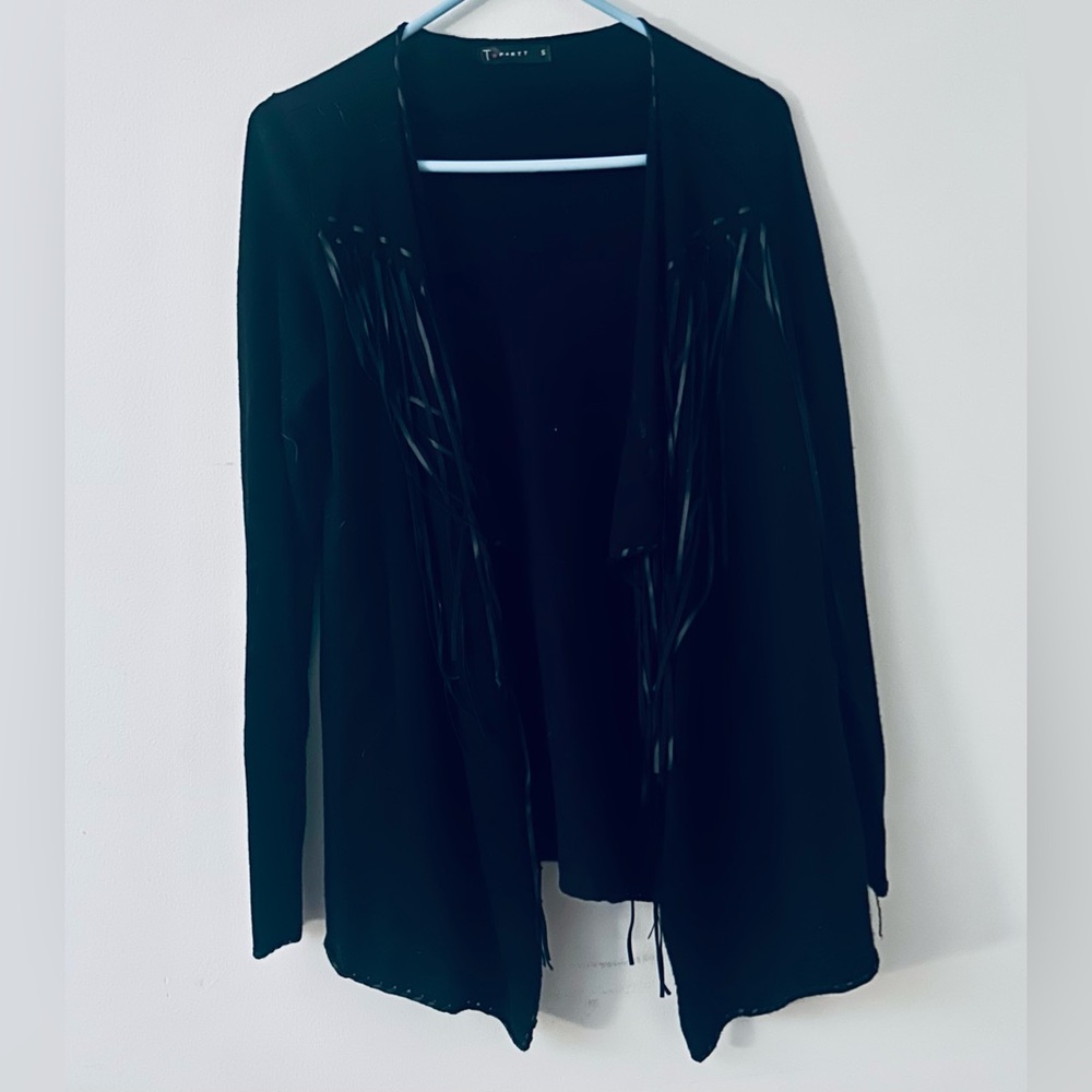 T-PARTY Western Fringe Open-Front Cardigan, Black, Small, EUC (PM-33)